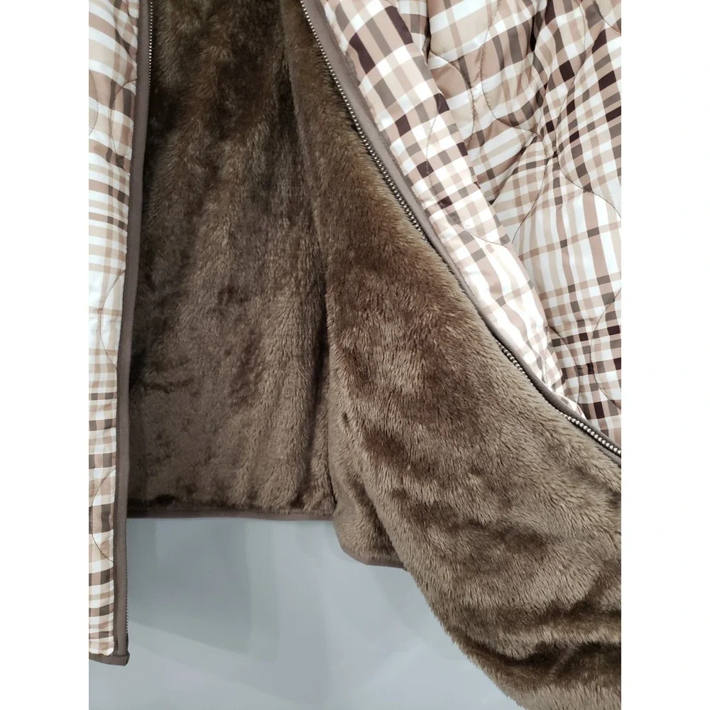 NWOT SUSAN GRAVE Reversible Quilted Woven Fleece‎ Jacket TAUPE PLAID 1X Coat